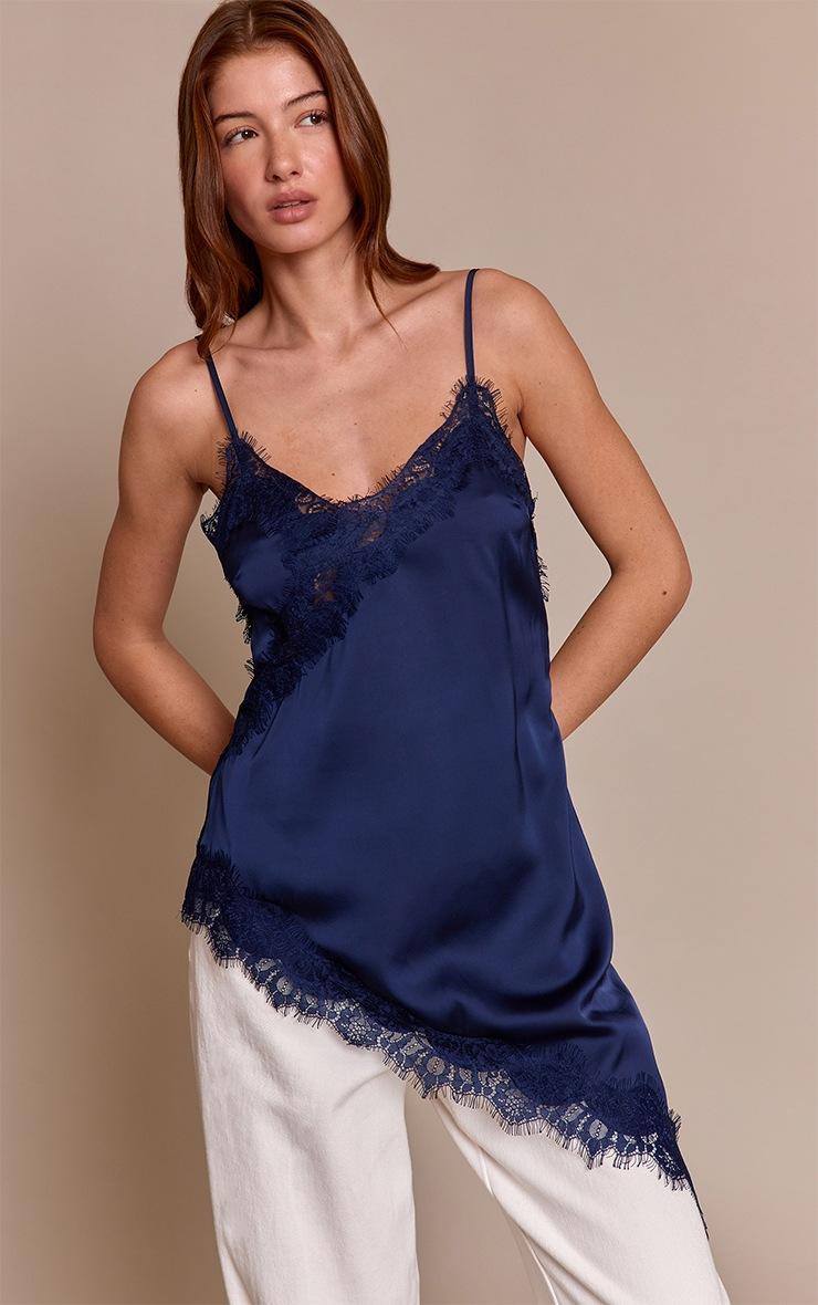 Pretty Little Thing Dark Navy Satin Lace Detail Asymmetric Long Top