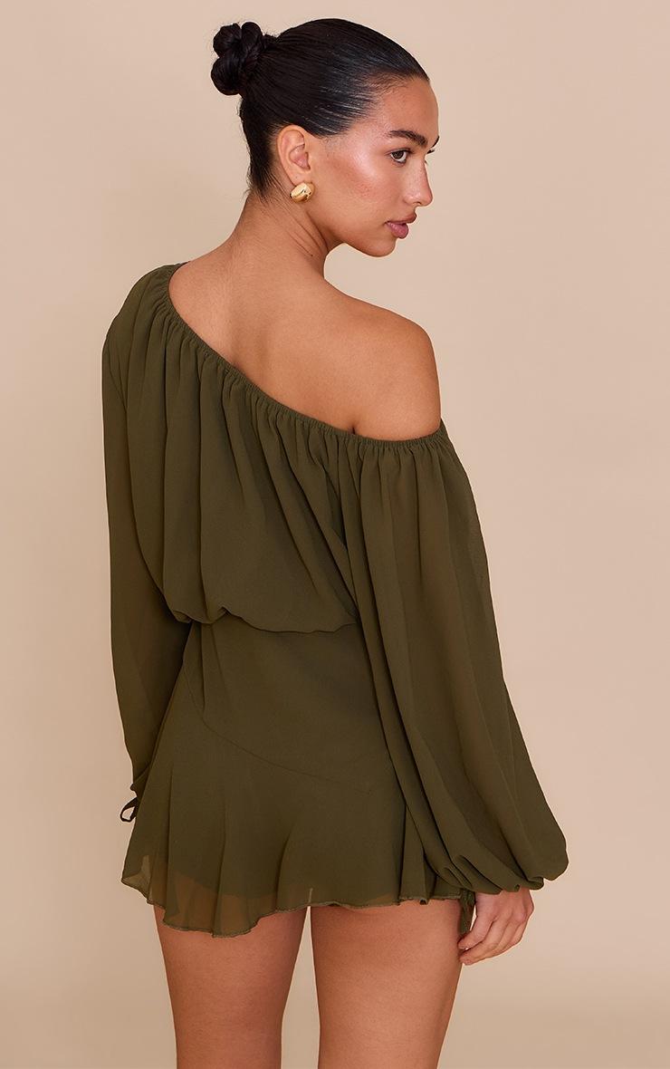 Pretty Little Thing Dark Olive Chiffon One Shoulder Floaty Skort Romper