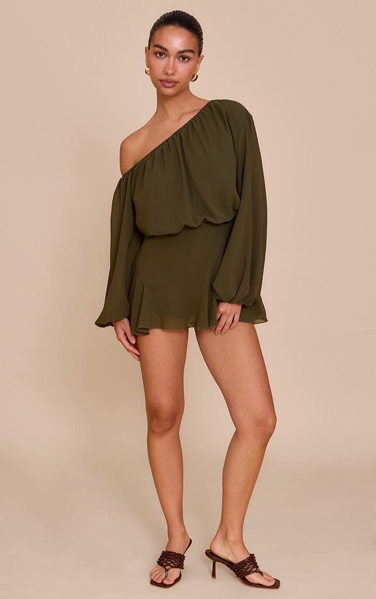 Pretty Little Thing Dark Olive Chiffon One Shoulder Floaty Skort Romper