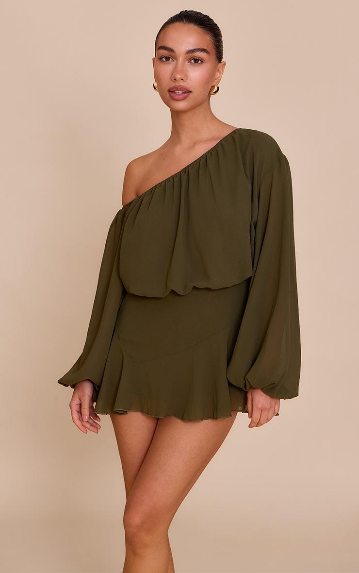 Pretty Little Thing Dark Olive Chiffon One Shoulder Floaty Skort Romper