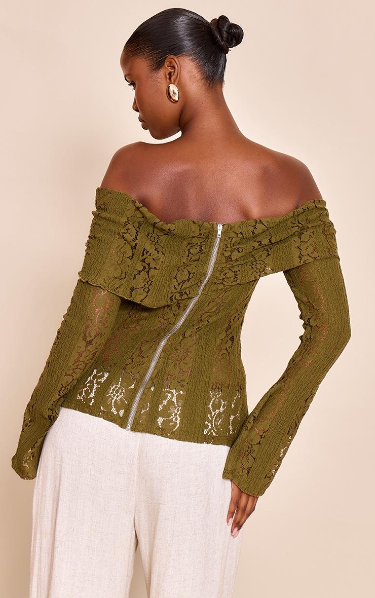 Pretty Little Thing Dark Olive Fitted Lace Flared Sleeve Bardot Top