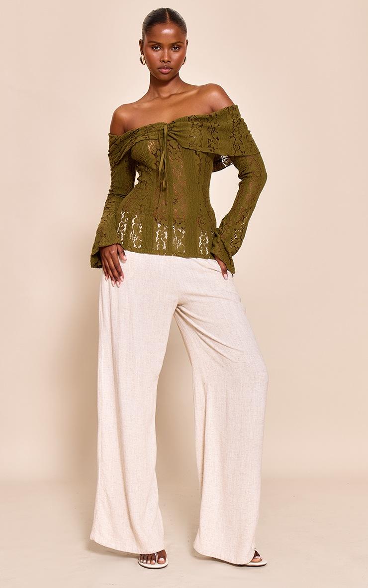 Pretty Little Thing Dark Olive Fitted Lace Flared Sleeve Bardot Top