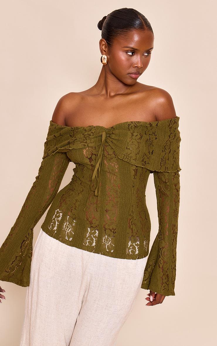 Pretty Little Thing Dark Olive Fitted Lace Flared Sleeve Bardot Top