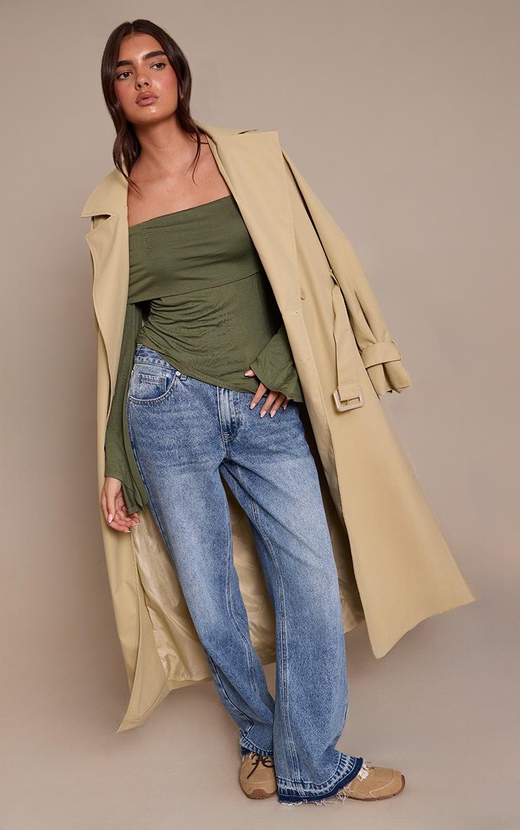 Pretty Little Thing Dark Olive Jersey Fold Over Detail Long Sleeve Top