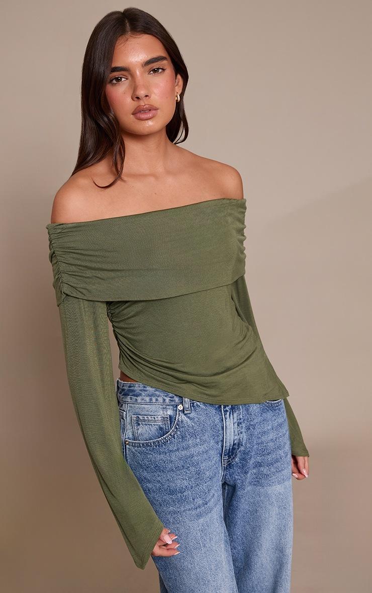 Pretty Little Thing Dark Olive Jersey Fold Over Detail Long Sleeve Top
