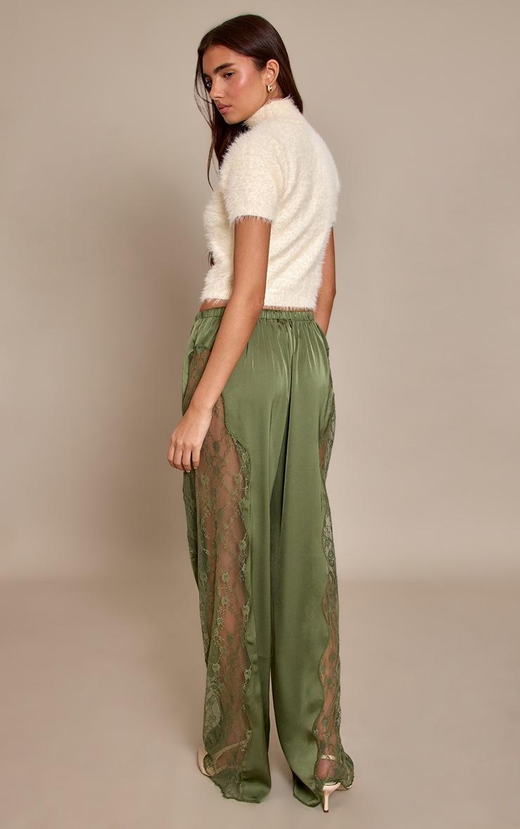 Pretty Little Thing Dark Olive Satin Lace Drawstring Pants