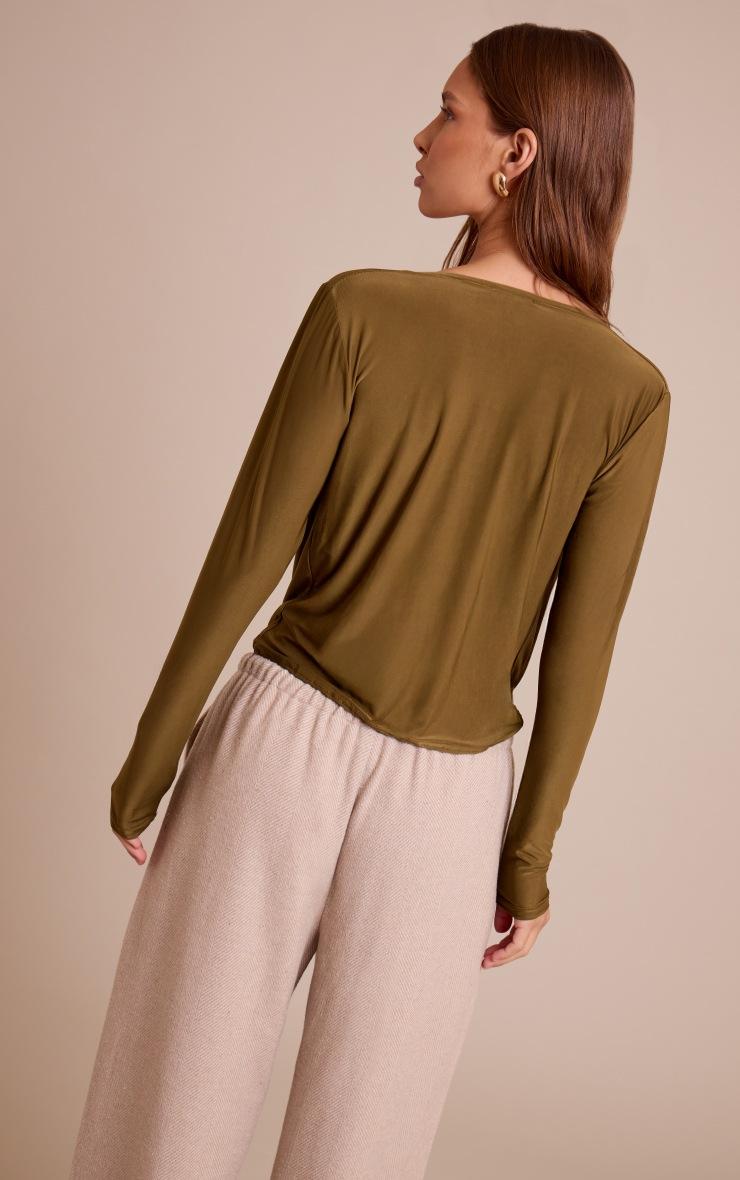 Pretty Little Thing Dark Olive Slinky Cowl Wrap Detail Long Sleeve Top