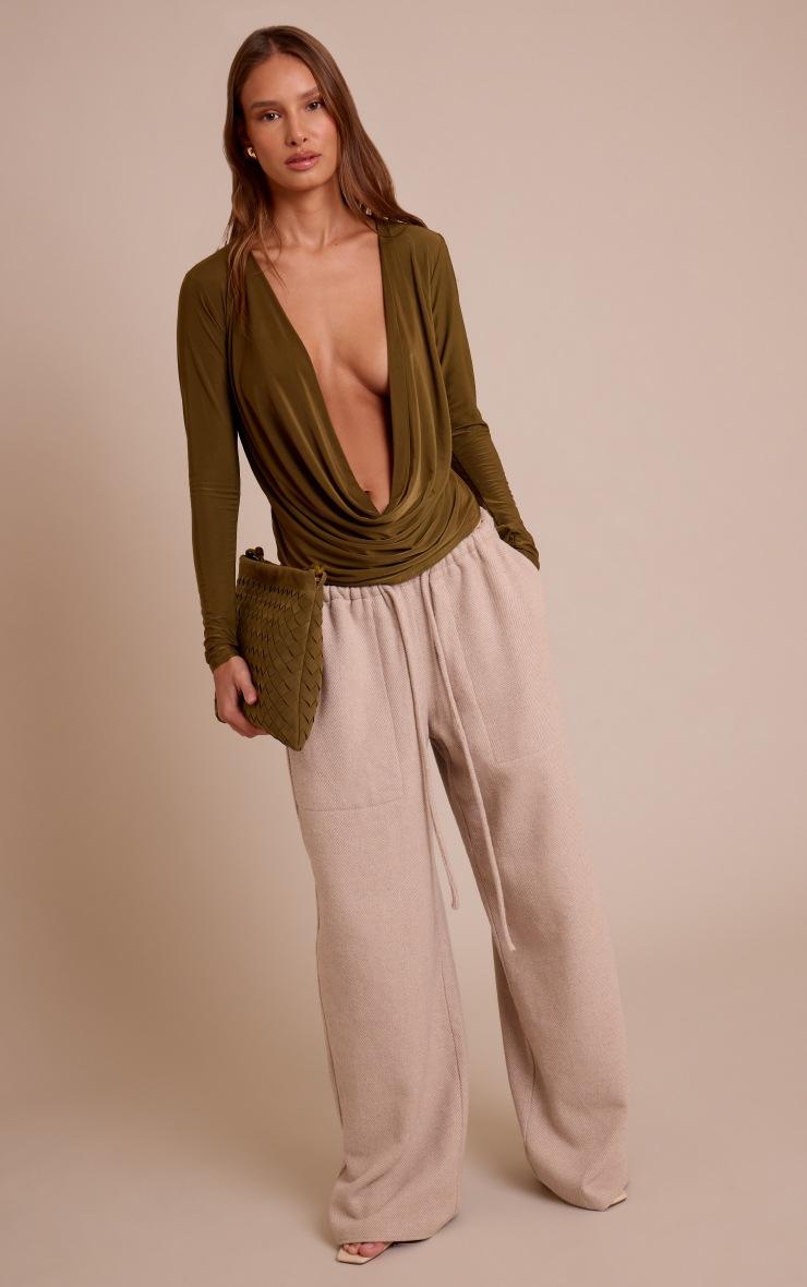 Pretty Little Thing Dark Olive Slinky Cowl Wrap Detail Long Sleeve Top