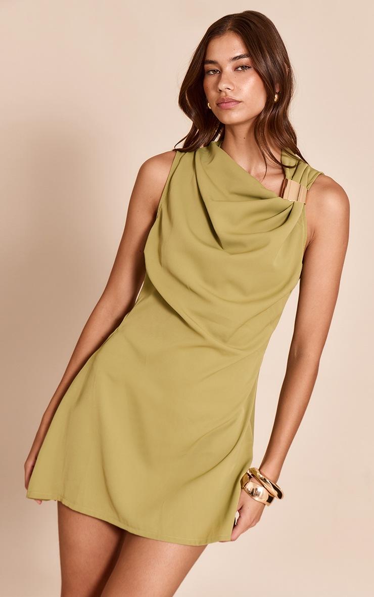 Pretty Little Thing Dark Olive Trim Shift Mini Dress
