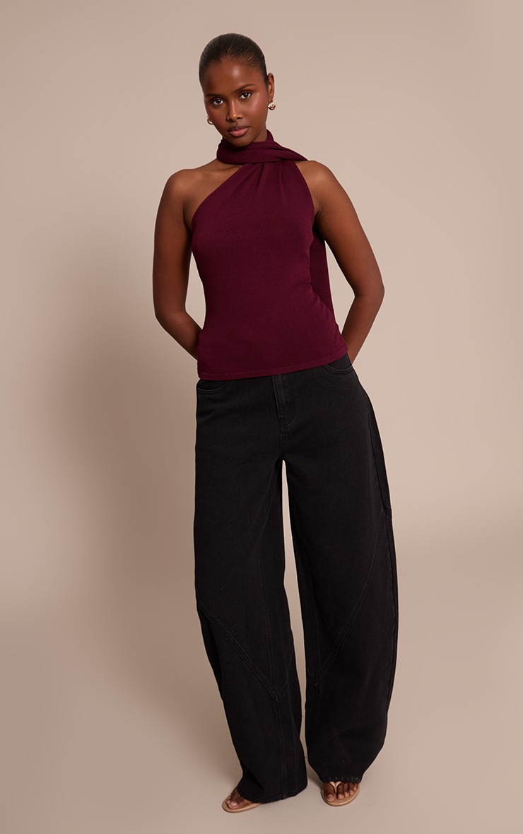 Pretty Little Thing Dark Plum Scarf Neck Detail Sleeveless Knitted Top