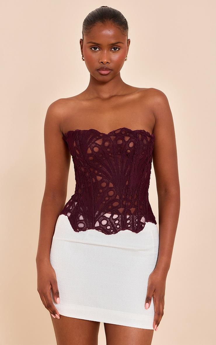 Pretty Little Thing Dark Plum Textured Sheer Floral Lace Corset