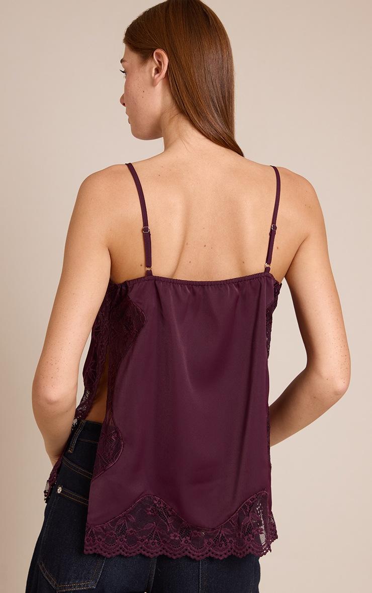 Pretty Little Thing Dark Plum Woven Lace Trim Detail Strappy Cami Top