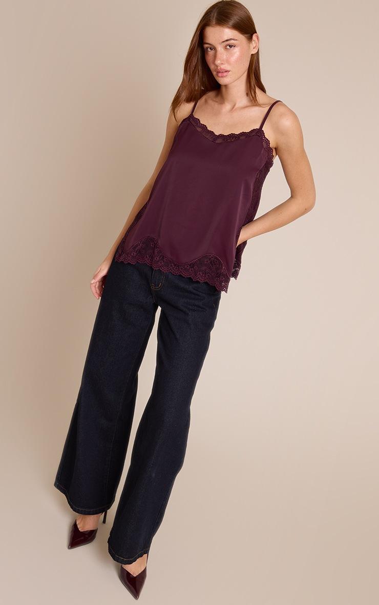 Pretty Little Thing Dark Plum Woven Lace Trim Detail Strappy Cami Top