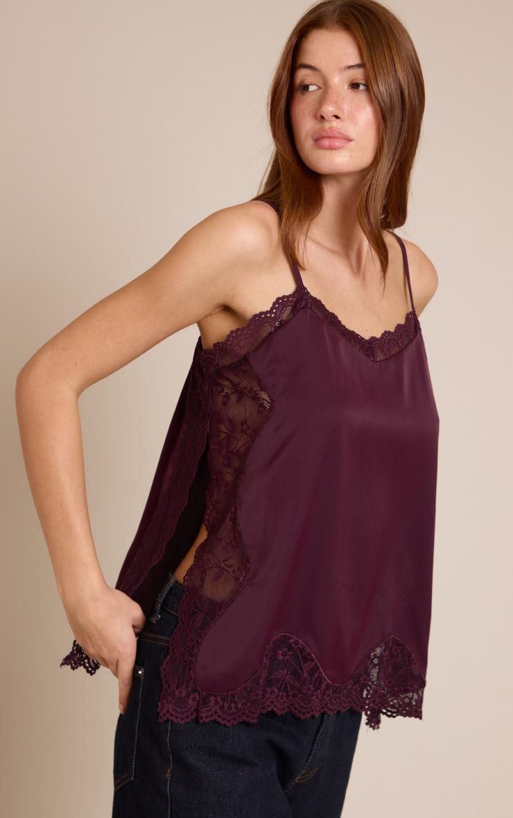 Pretty Little Thing Dark Plum Woven Lace Trim Detail Strappy Cami Top