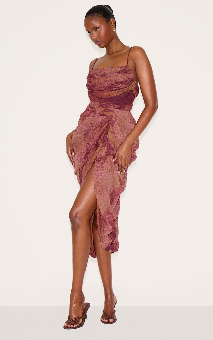 Pretty Little Thing Dark Purple Abstract Print Chiffon Ruched Drape Midi Dress