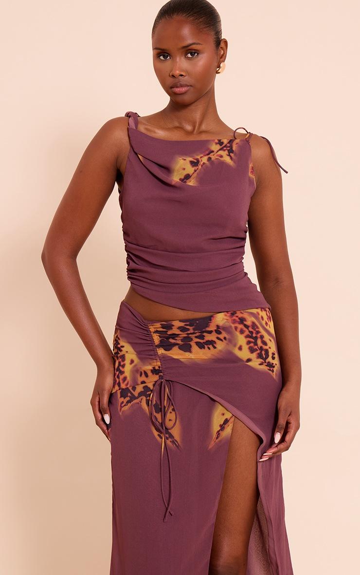 Pretty Little Thing Dark Purple Floral Print Chiffon Ruched Frill Long Top