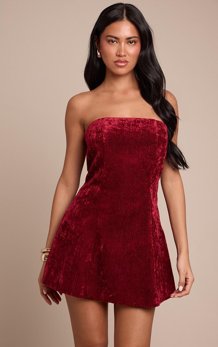 Pretty Little Thing Dark Red Velvet Bandeau A-Line Mini Dress