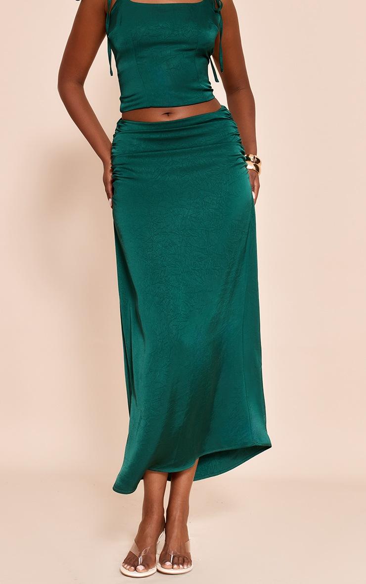 Pretty Little Thing Dark Teal Satin Ruched Fishtail Midaxi Skirt