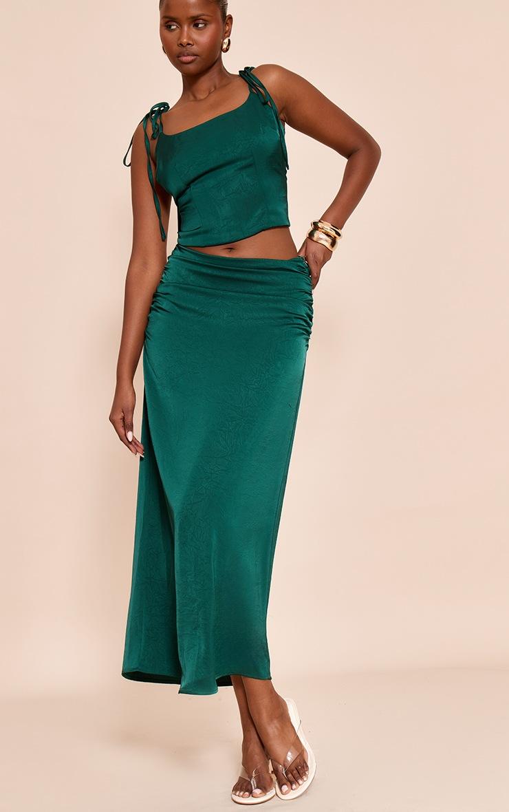 Pretty Little Thing Dark Teal Satin Ruched Fishtail Midaxi Skirt