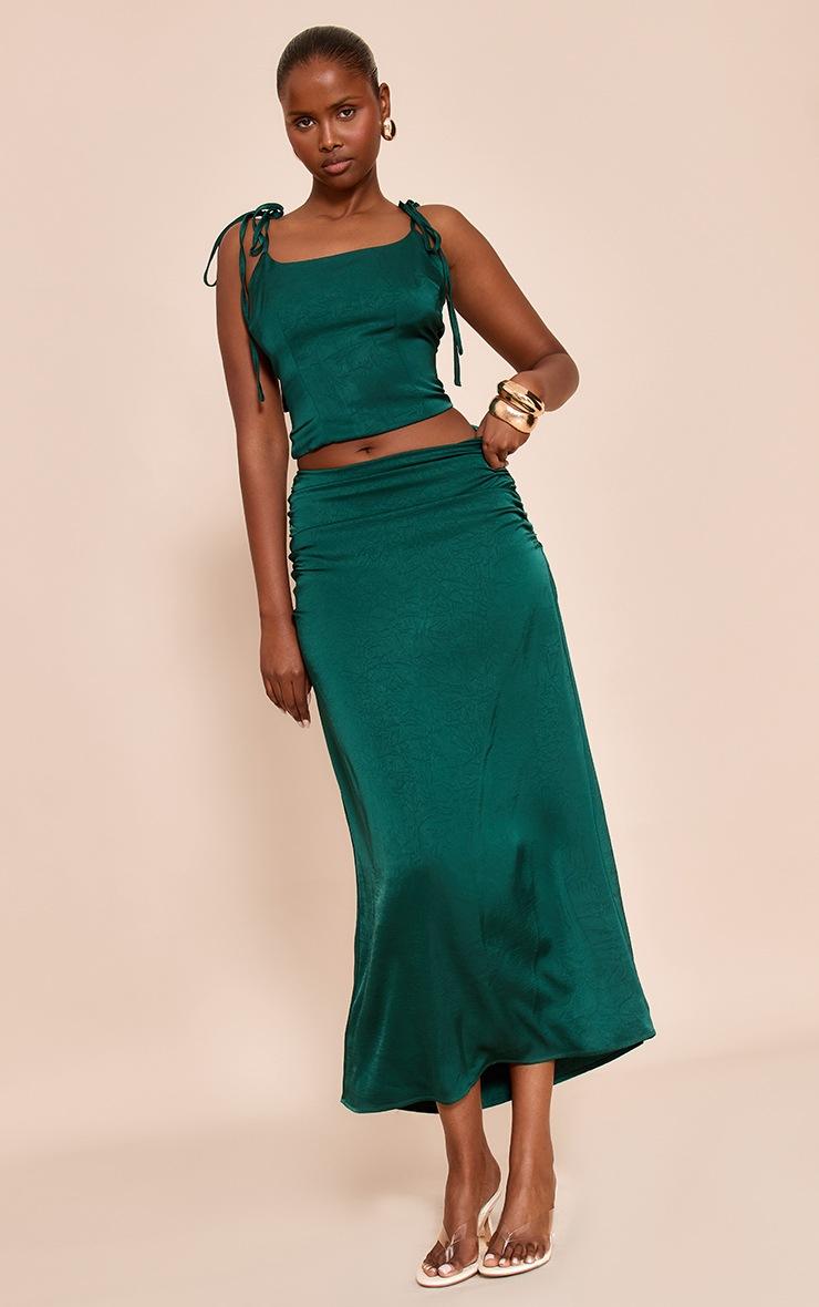 Pretty Little Thing Dark Teal Satin Strappy Ruched Top