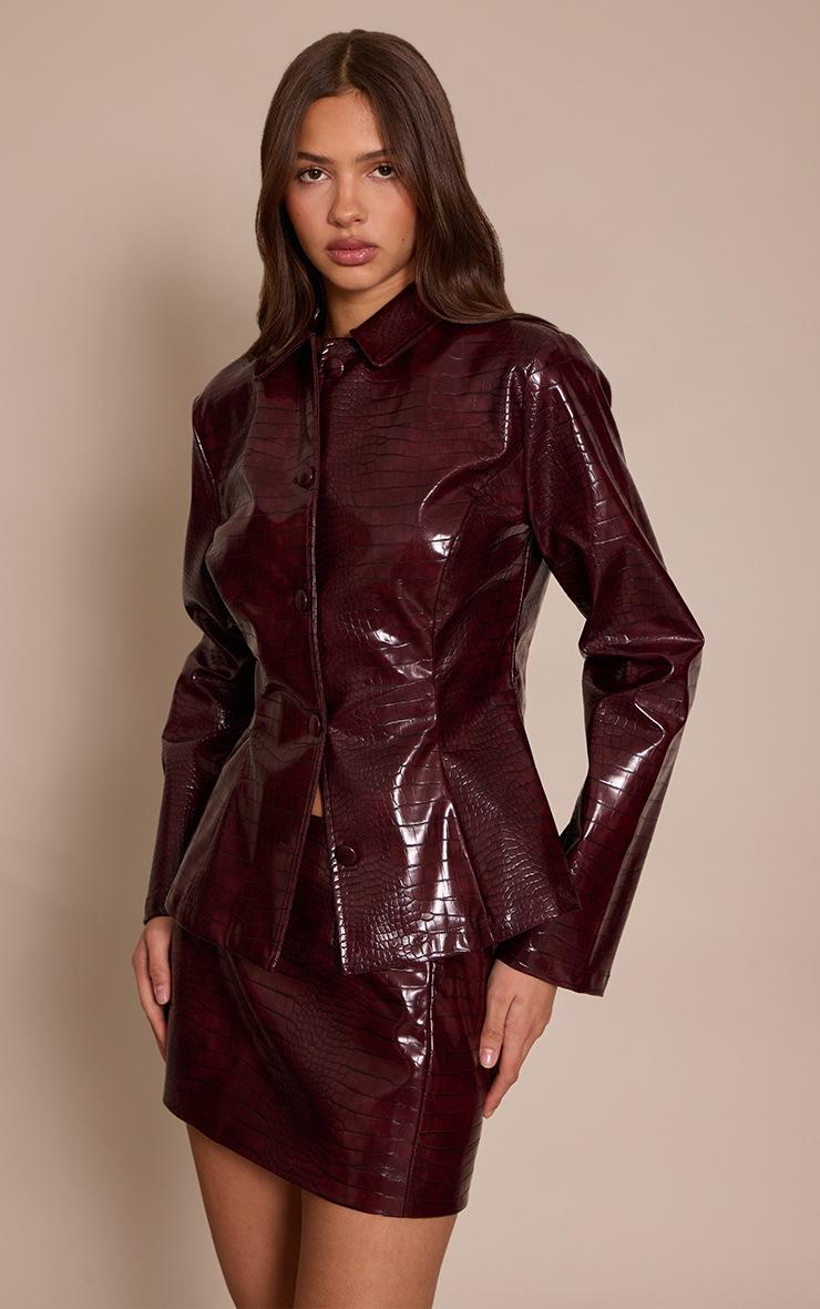 Pretty Little Thing Dark Wine Croc Faux Leather Blazer
