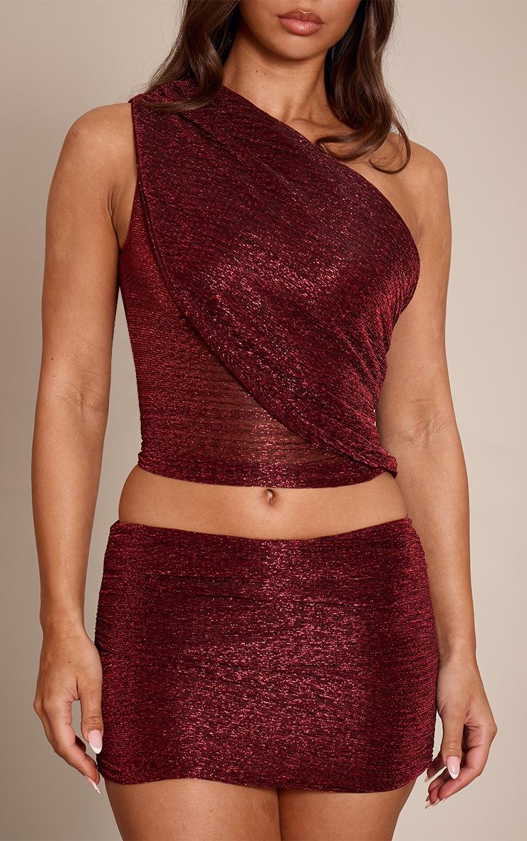 Pretty Little Thing Dark Wine Glitter Ruched Mini Skirt Mid Rise