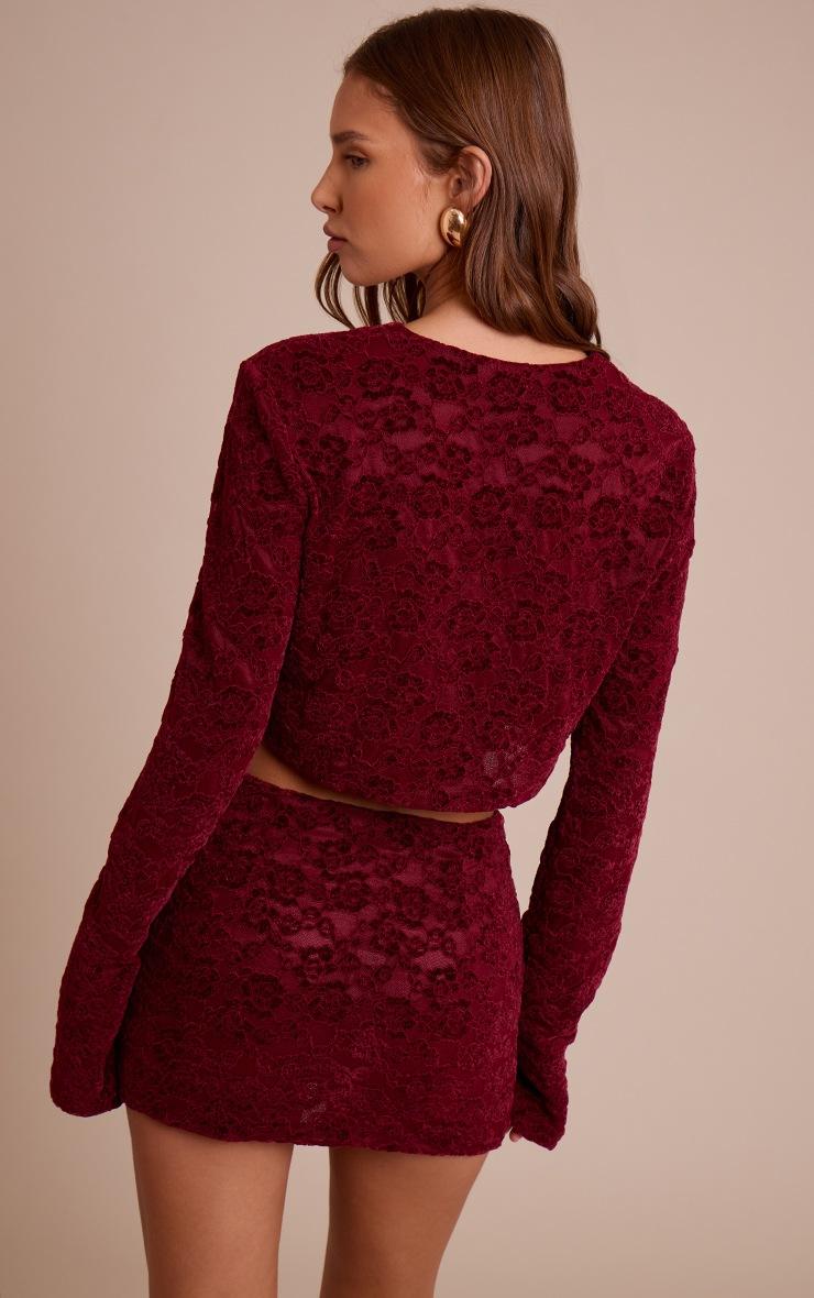 Pretty Little Thing Dark Wine Lace Button Up Long Sleeve Crop Top