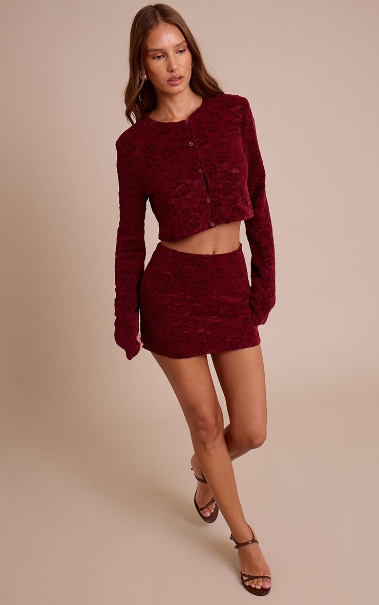 Pretty Little Thing Dark Wine Lace Button Up Long Sleeve Crop Top