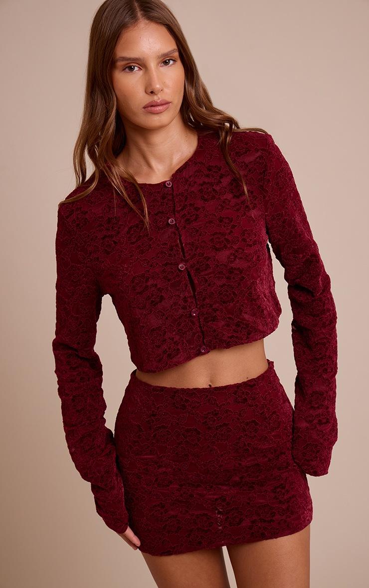 Pretty Little Thing Dark Wine Lace Button Up Long Sleeve Crop Top