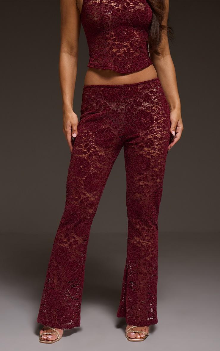Pretty Little Thing Dark Wine Lace Mid Rise Skinny Flares