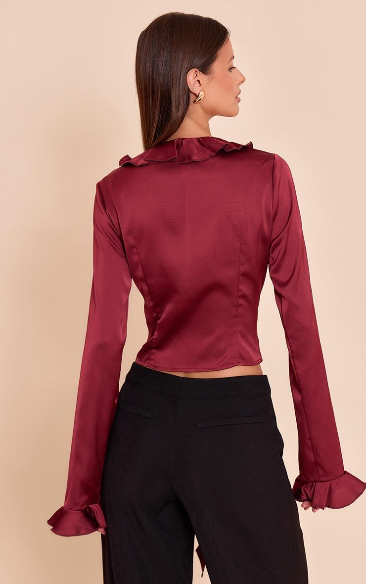 Pretty Little Thing Dark Wine Satin Frill Tie Front Long Sleeve Top