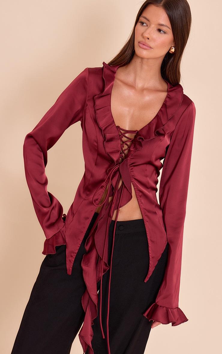 Pretty Little Thing Dark Wine Satin Frill Tie Front Long Sleeve Top