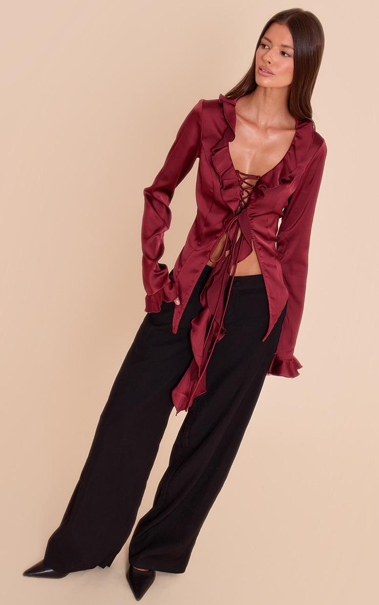 Pretty Little Thing Dark Wine Satin Frill Tie Front Long Sleeve Top