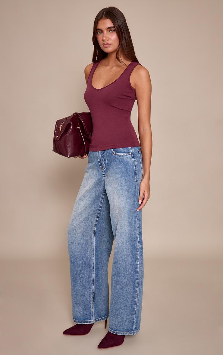 Pretty Little Thing Dark Wine Soft Cotton Plunge Neck Vest Top