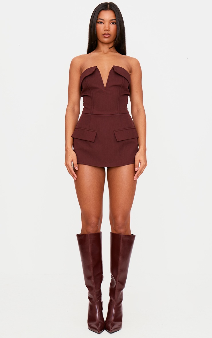 Pretty Little Thing Dark Wine Structured Woven Corset Detail Bandeau Romper