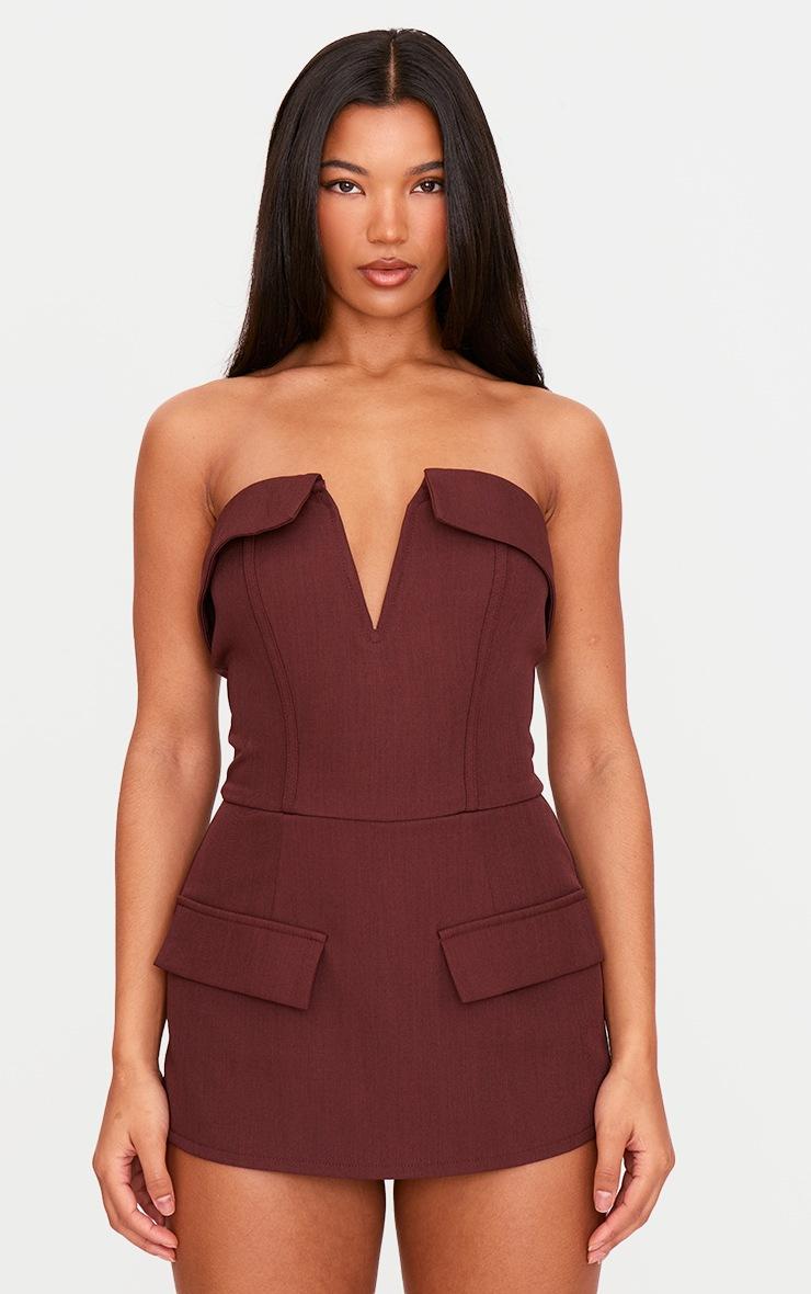 Pretty Little Thing Dark Wine Structured Woven Corset Detail Bandeau Romper