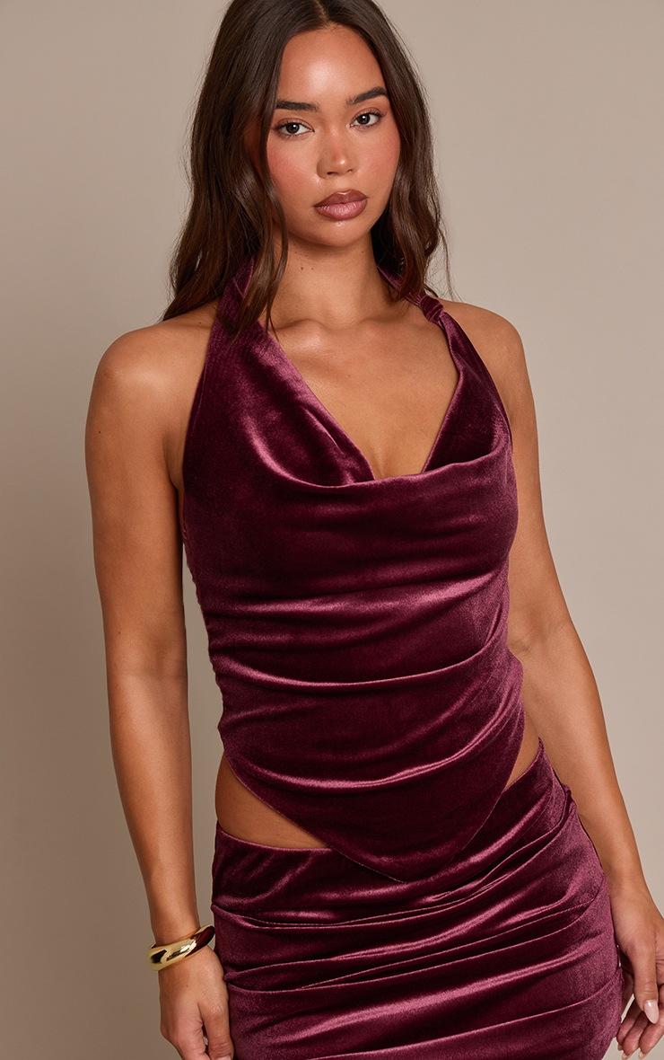 Pretty Little Thing Dark Wine Velvet Cowl Neck Knot Long Top