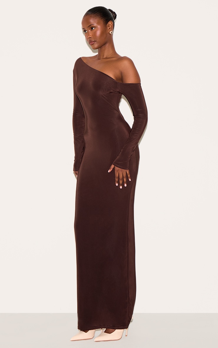 Pretty Little Thing Deep Chocolate Double Slinky Asymmetric Neckline Maxi Dress