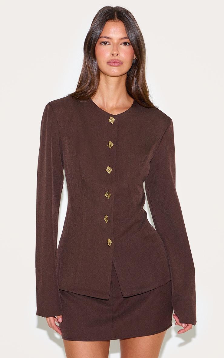 Pretty Little Thing Deep Chocolate Gold Trim Cinched Waist Blazer