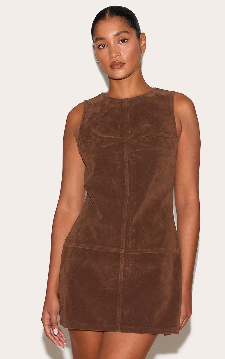 Pretty Little Thing Deep Chocolate Structured Faux Suede Seam Detail Sleeveless Shift Dress