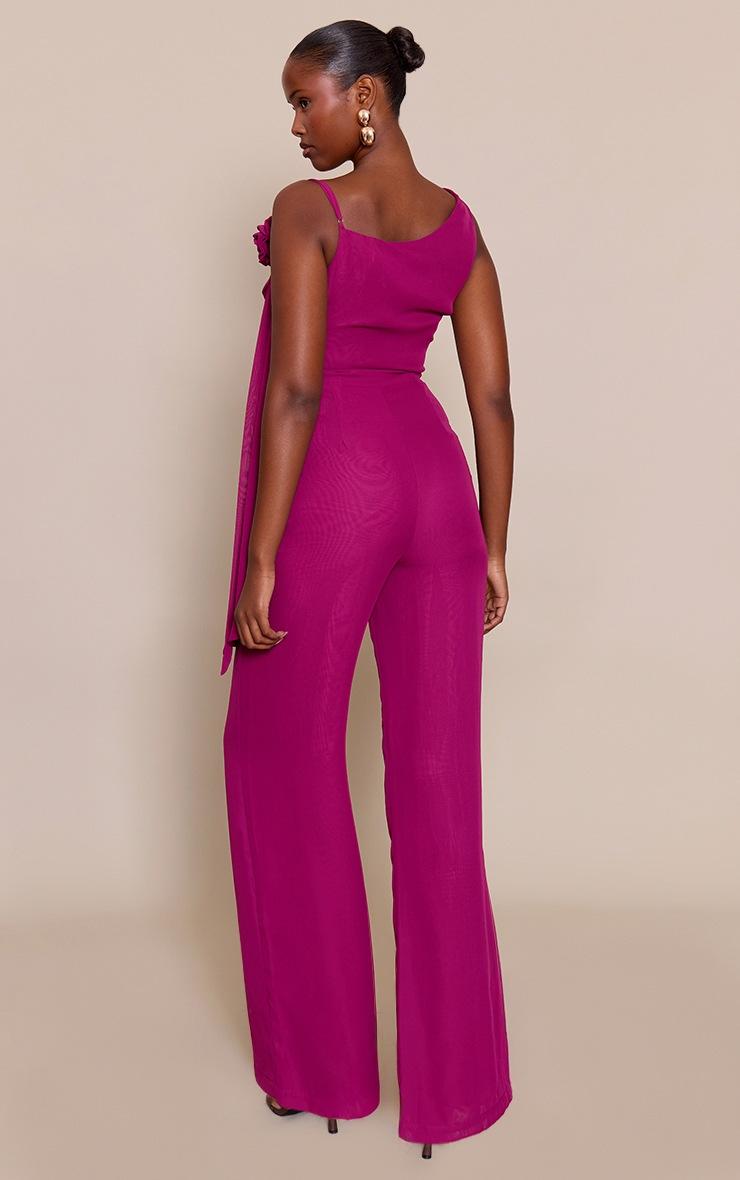 Pretty Little Thing Deep Plum Chiffon Corsage Detail Wide Leg Jumpsuit