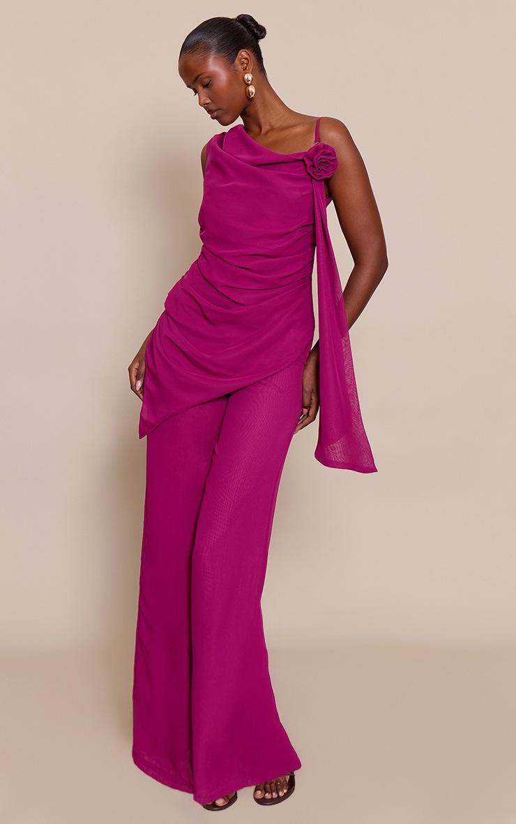 Pretty Little Thing Deep Plum Chiffon Corsage Detail Wide Leg Jumpsuit