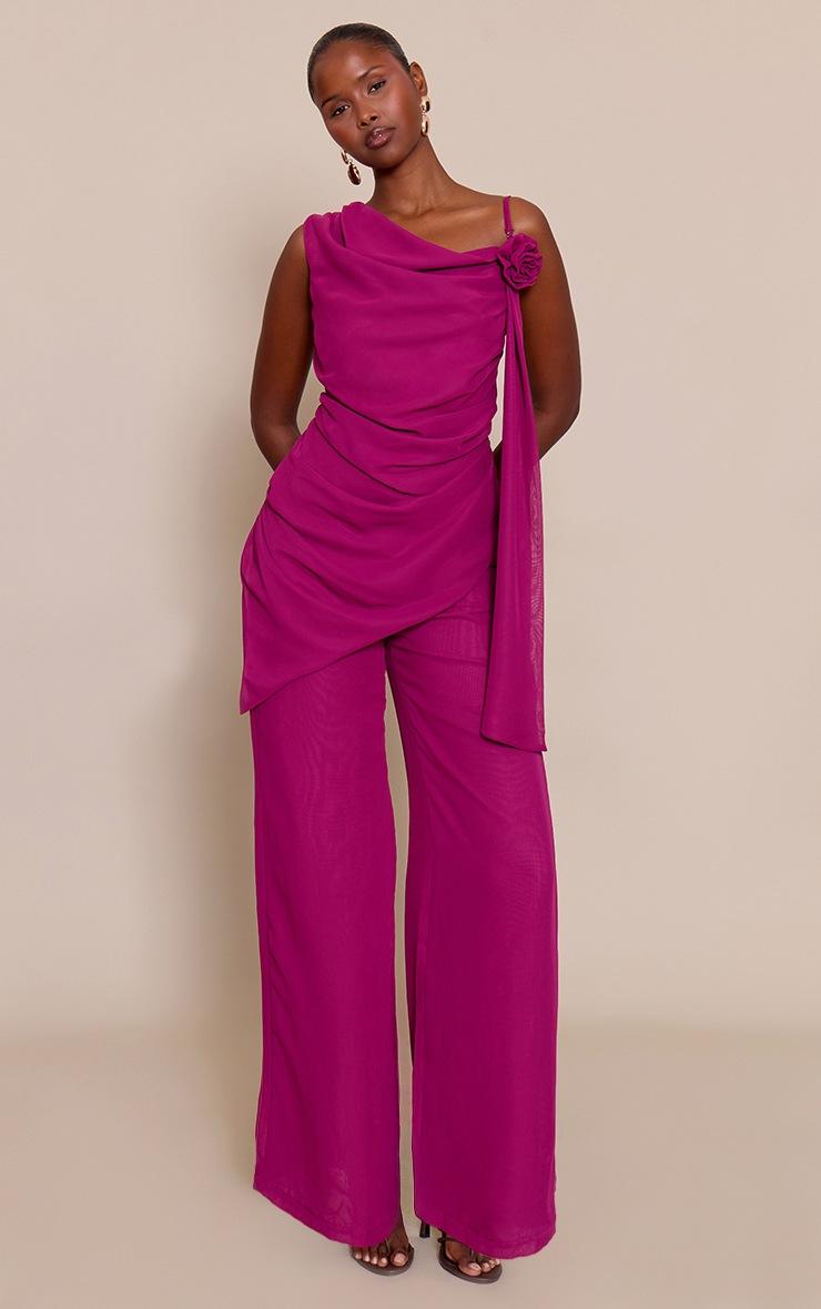 Pretty Little Thing Deep Plum Chiffon Corsage Detail Wide Leg Jumpsuit