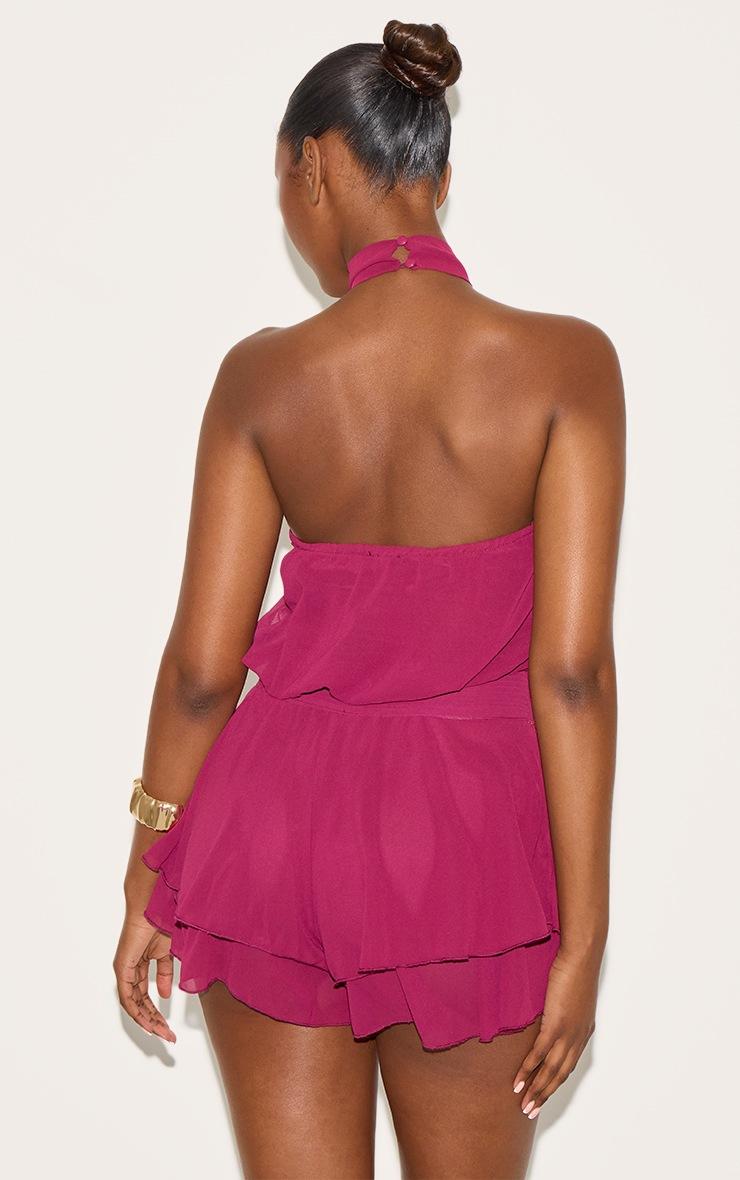 Pretty Little Thing Deep Plum Chiffon High Neck Drop Waist Romper