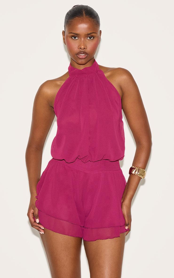 Pretty Little Thing Deep Plum Chiffon High Neck Drop Waist Romper