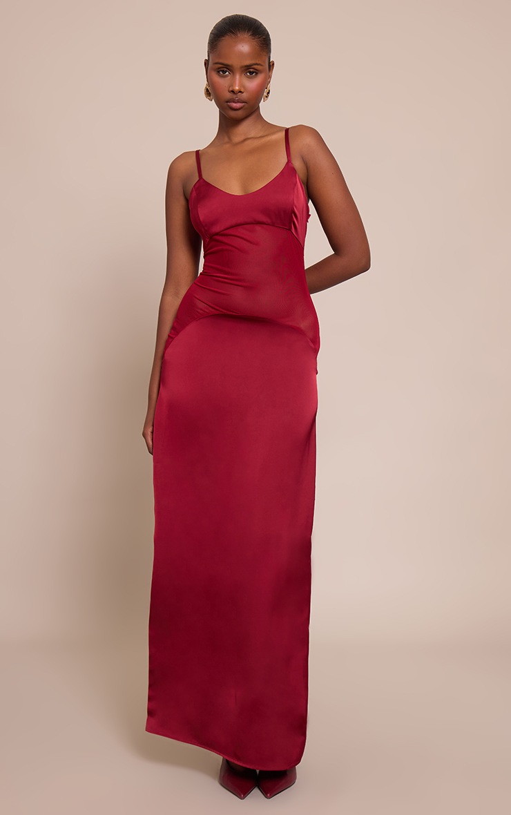 Pretty Little Thing Deep Plum Satin Scoop Neck Mesh Detail Maxi Dress