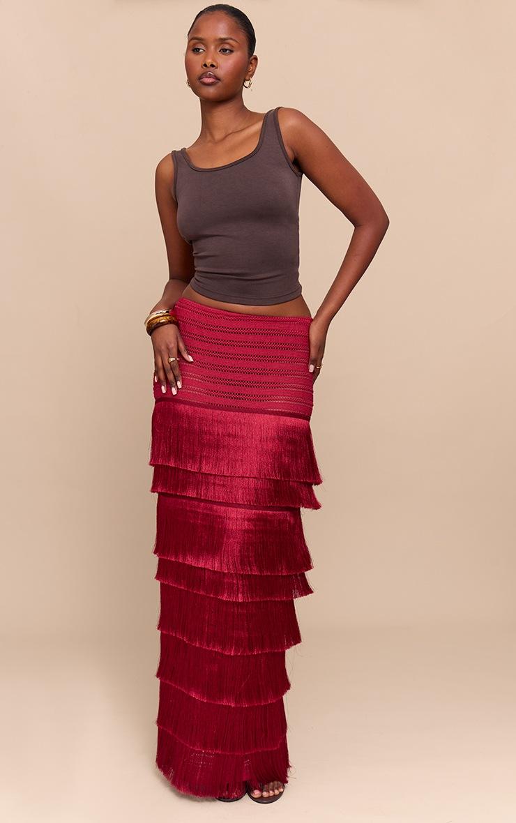 Pretty Little Thing Deep Red Premium Textured Tassel Trimmed Maxi Skirt