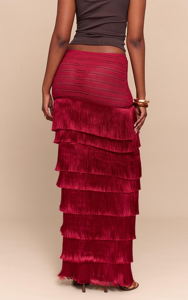 Pretty Little Thing Deep Red Premium Textured Tassel Trimmed Maxi Skirt