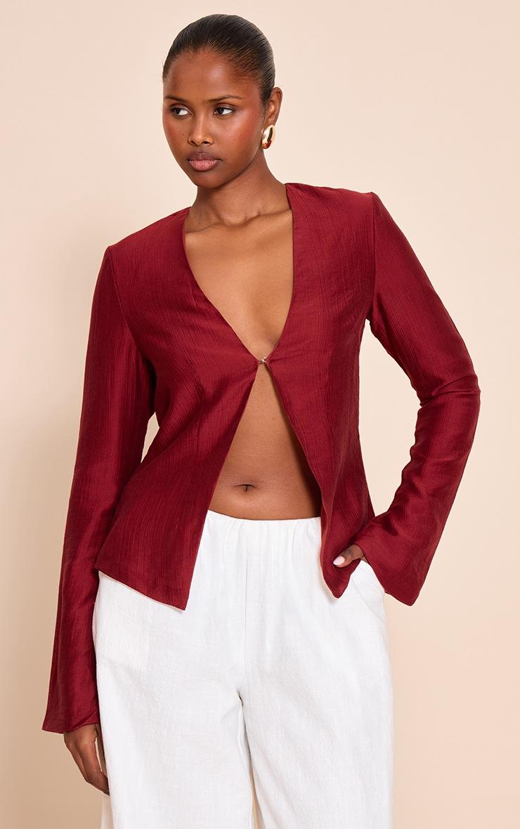 Pretty Little Thing Deep Red Textured Hook & Eye Flare Sleeve Shirt