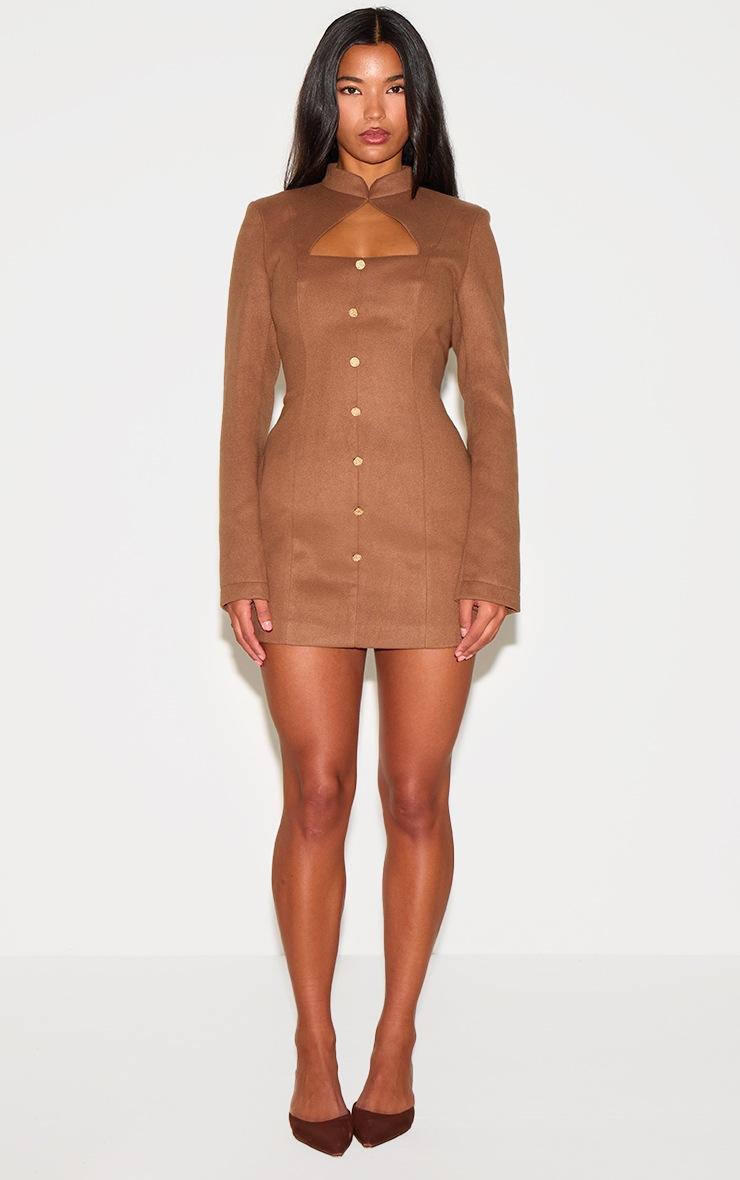 Pretty Little Thing Deep Taupe Brushed Woven Long Sleeve Button Detail Mini Dress